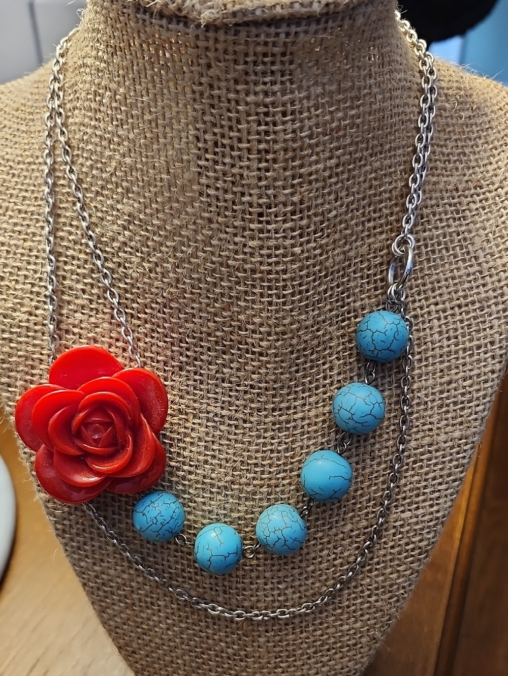 Blue Bead and Red Rose Statement Necklace